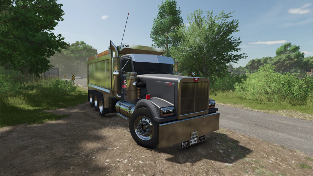 1990 Western Star 4964 Tri-Axle truck mod for Farming Simulator 25, parked on a dirt road with greenery in the background.