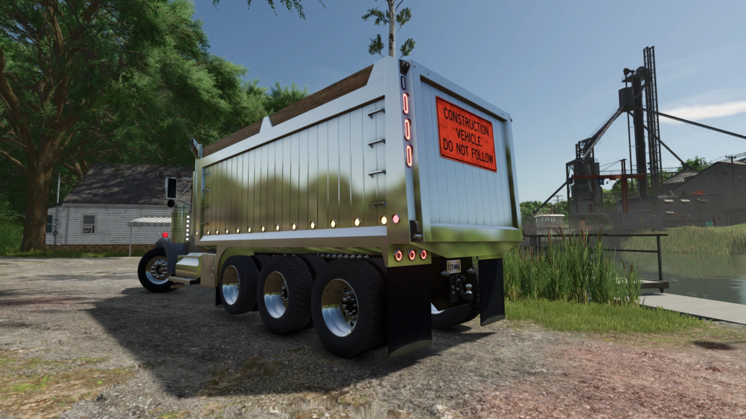 1990 Western Star 4964 Tri-Axle truck mod in FS25, displaying 'Construction Vehicle Do Not Follow' sign.