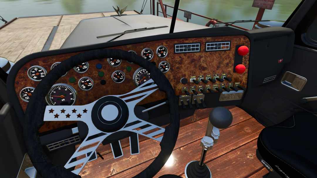 Detailed dashboard of 1990 Western Star 4964 Tri-Axle mod in FS25, showing gauges and controls.