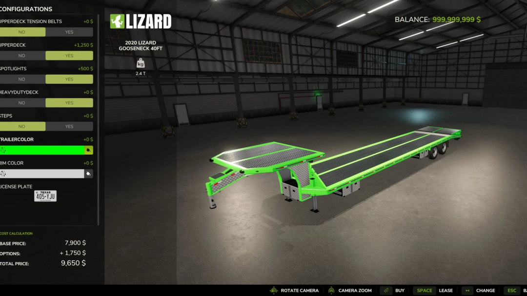 FS25 mod 2020 Lizard Gooseneck v1.0.0.0 trailer in customization menu.