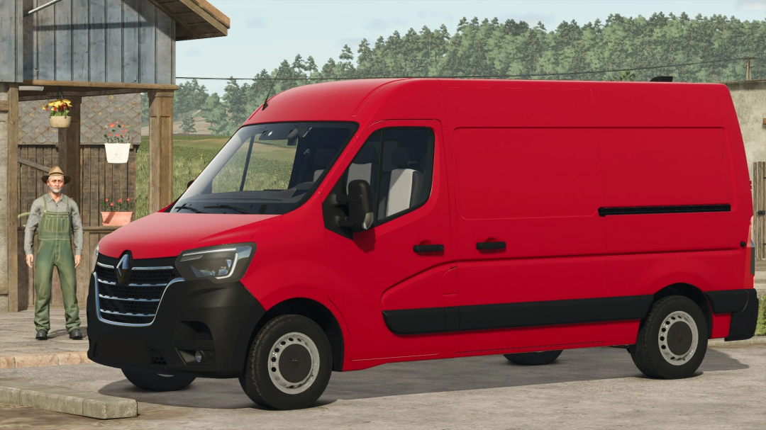 2020 Renault Master mod in Farming Simulator 25, featuring a red van in a rural setting. FS25 mods.