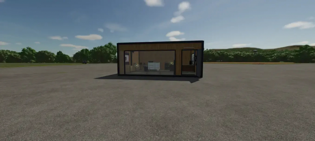 FS25 mod Austria Modding Modern Shed v1.0.6.0 in open field.