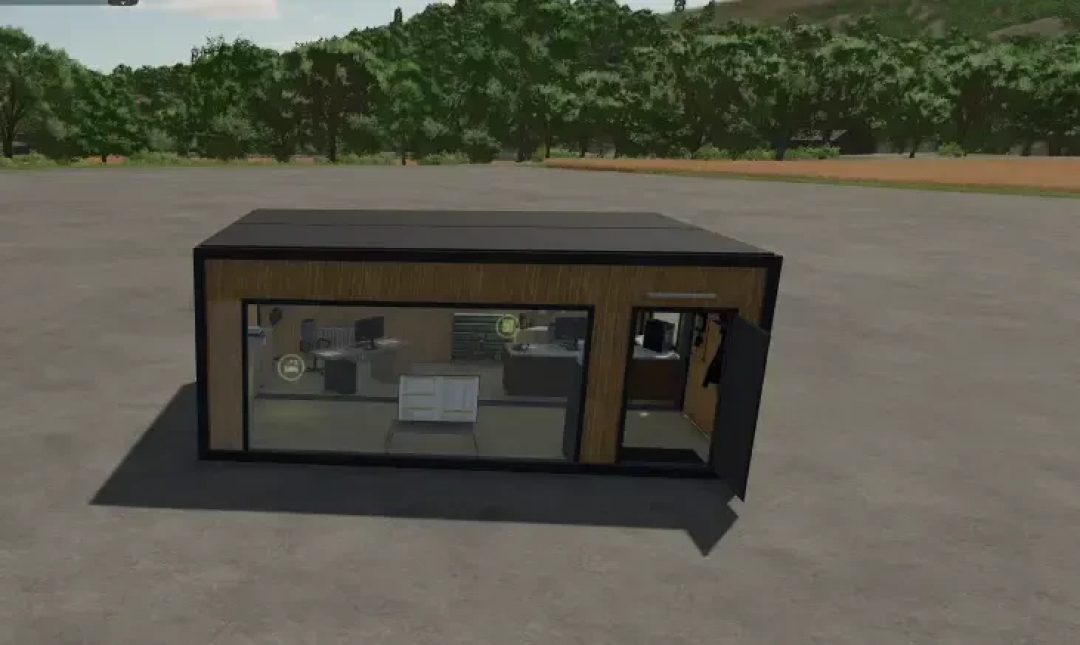 Modern shed from Austria Modding in FS25, featuring a glass front and office interior. Ideal mod for Farming Simulator 25.