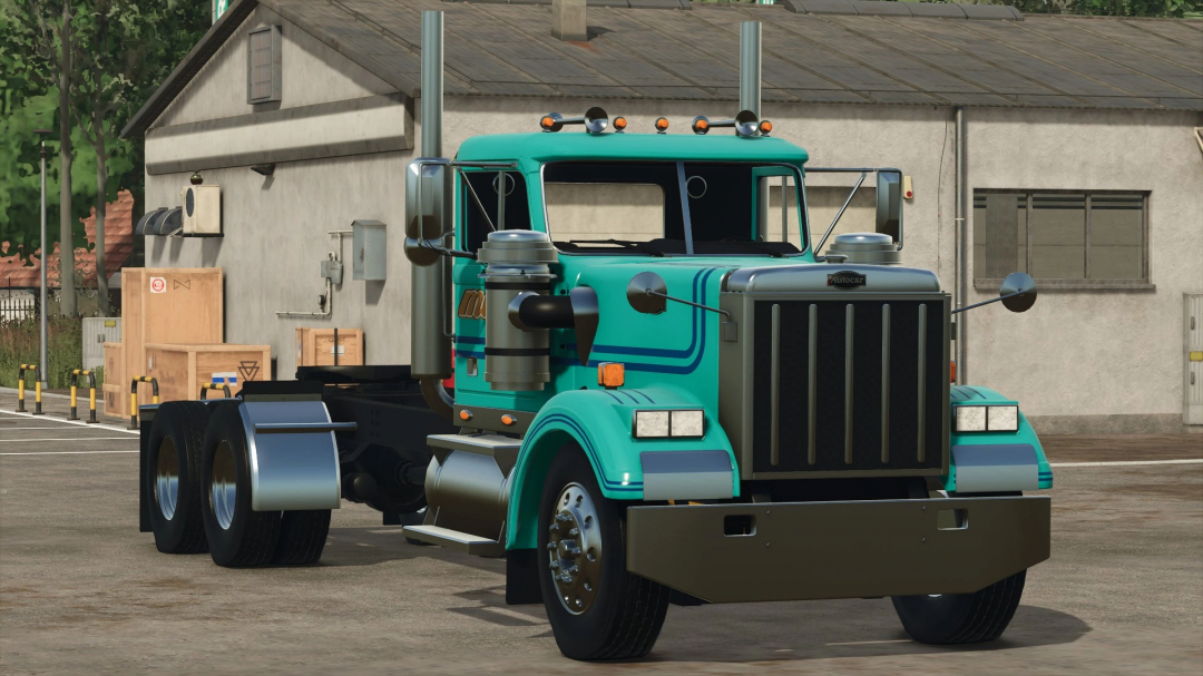 FS25 mods Autocar Truck v1.0.0.0 with teal cab parked in a lot, showcasing Farming Simulator 25 vehicle mod.