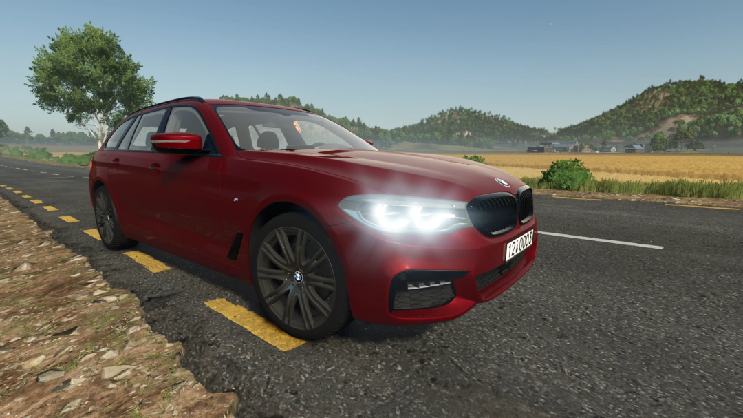 Red BMW 5 Touring G31 on a rural road in FS25 mods.