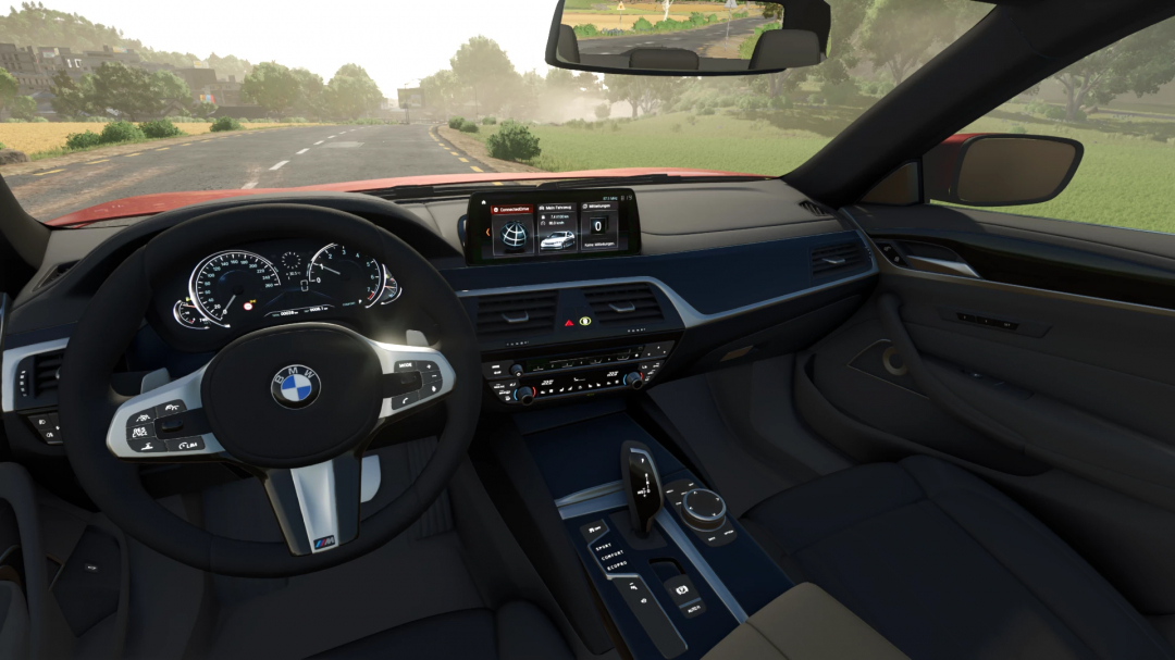 Interior view of BMW 5 Touring G31 mod in FS25, showcasing dashboard and steering wheel.