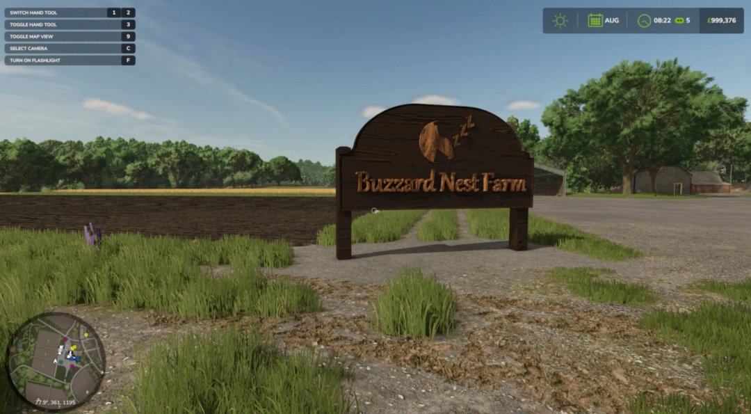 Buzzard Nest Farm sign mod in FS25 game, showcasing a wooden sign in a lush farming landscape.