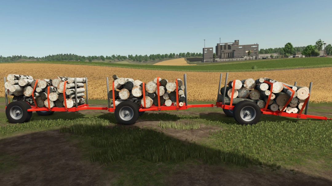 FS25 mods Ceza 3x1 trailer carrying stacked logs in a field landscape.