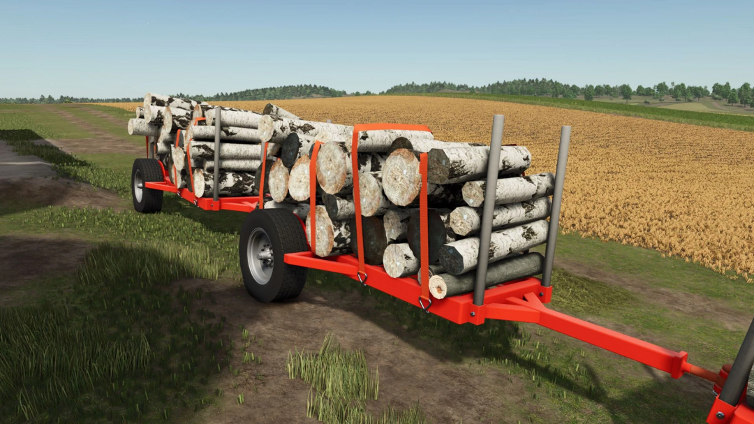 FS25 mod Ceza 3x1 v1.0.0.0 featuring a log trailer filled with birch logs on a farm field.