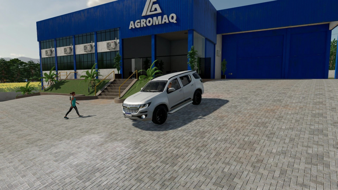 FS22 mod Chevrolet Blazer parked outside Agromaq building in Farming Simulator 22.