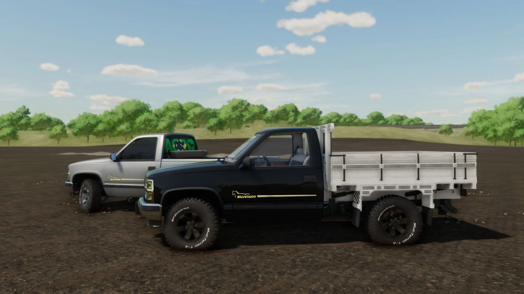 FS22 mods: Chevrolet Silverado Farias v1.0.0.0. Two Chevrolet Silverado trucks in a field, showcasing Farming Simulator 22 modification.