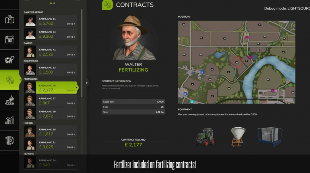 FS25 mods Contract Boost V1.0.8.4 showing fertilizing contracts with map and equipment details.