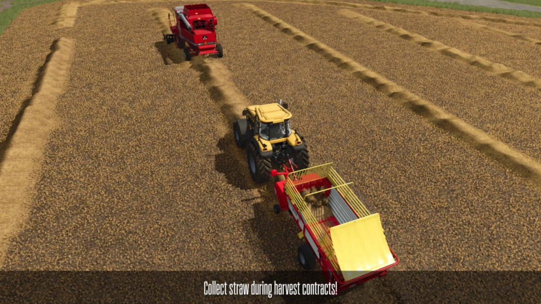 FS25 mod Contract Boost V1.0.8.4 showing a tractor collecting straw, enhancing harvest contracts in Farming Simulator 25.