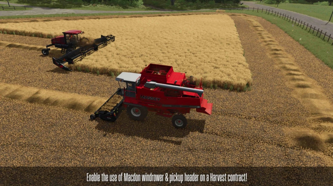 FS25 mods image showing red and black harvesters working on a wheat field with Contract Boost V1.0.8.4.