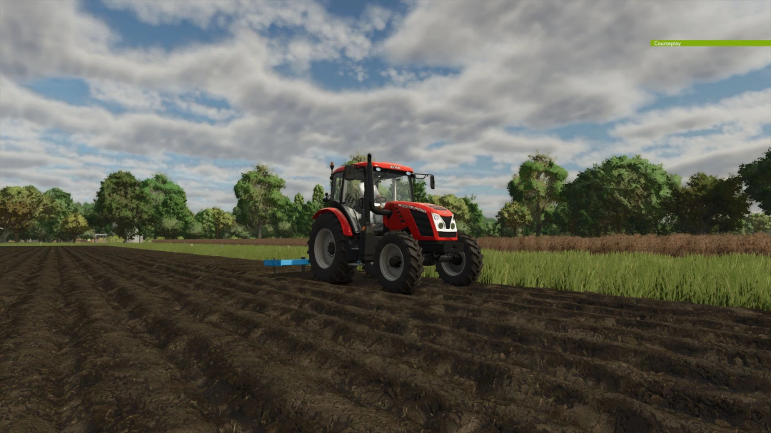 FS25 mod Cultivator RA_01 used by red tractor in a field under cloudy sky, Farming Simulator 25