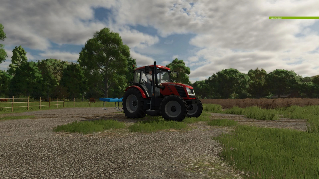 Red tractor with Cultivator RA_01 mod in FS25 on a farm path.