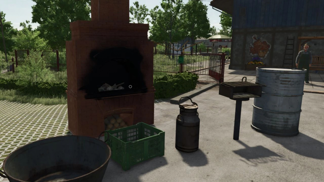 FS25 Decorations Pack 6 v1.0.0.0 featuring outdoor grill setup in Farming Simulator 25 mods.