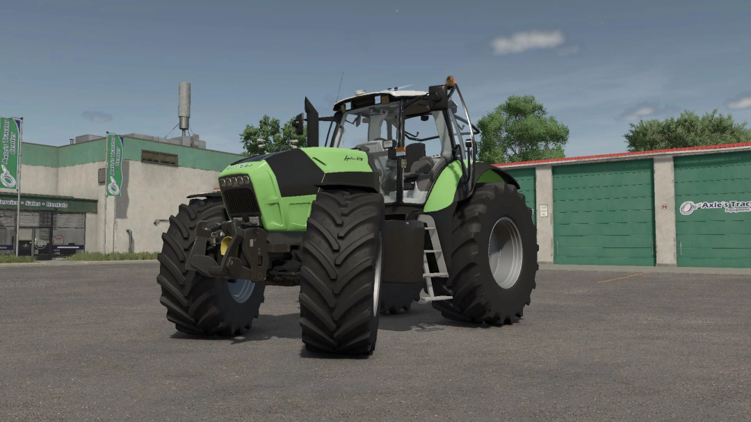 Deutz X710-30 tractor mod in FS25, showcased at a tractor center, highlighting its robust design and features.