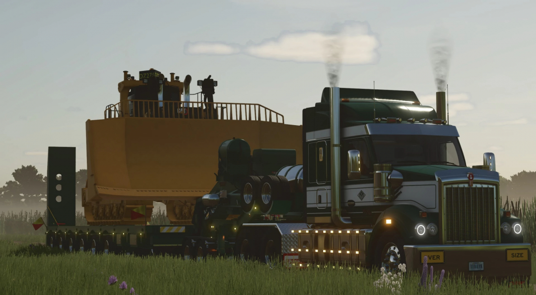 FS25 mod image of a green truck with a large construction vehicle on a flatbed trailer from Drake Dolly and Platform Pack.