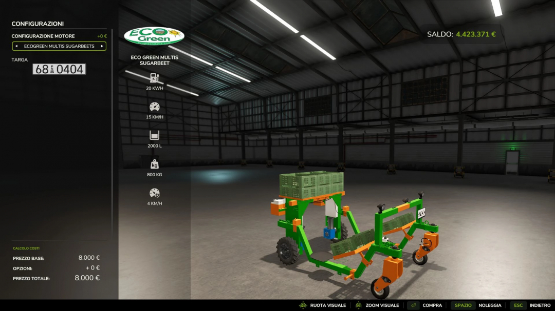 EcoGreen Multis v1.0.0.0 mod in FS25, showcasing sugar beet equipment with specifications displayed on screen.