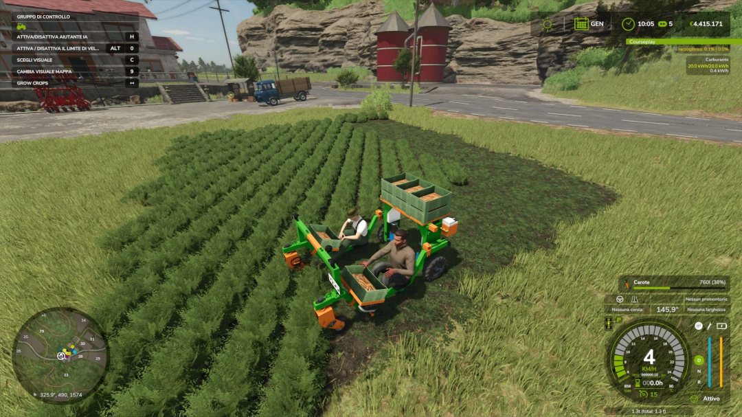 FS25 mod EcoGreen Multis v1.0.0.0 showcasing carrot harvesting tractor in field.