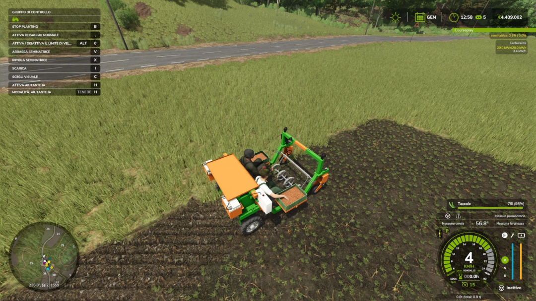 EcoGreen Multis v1.0.0.0 mod in FS25 showcasing a seeder on a field, displaying interface details.