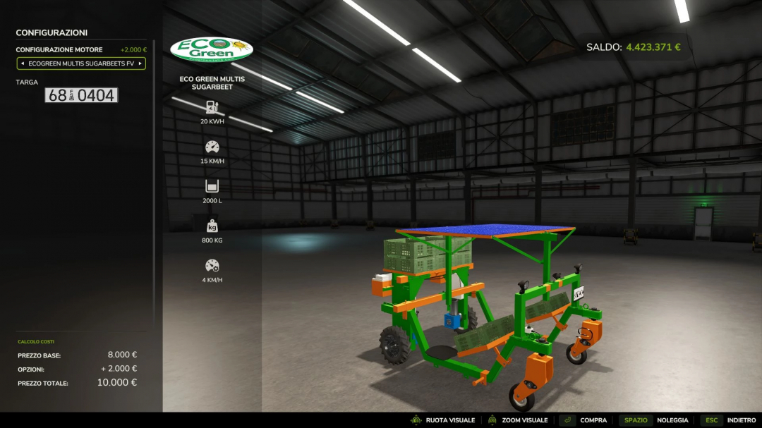 EcoGreen Multis v1.0.0.0 mod in FS25, showcasing a green agricultural machine with specs in a virtual warehouse.