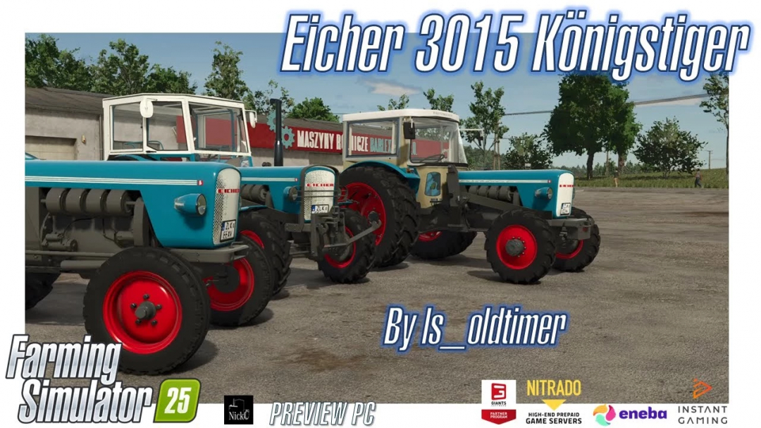 FS25 mod Eicher 3015 Königstiger II tractors in Farming Simulator 25, showcasing blue and red design by ls_oldtimer.