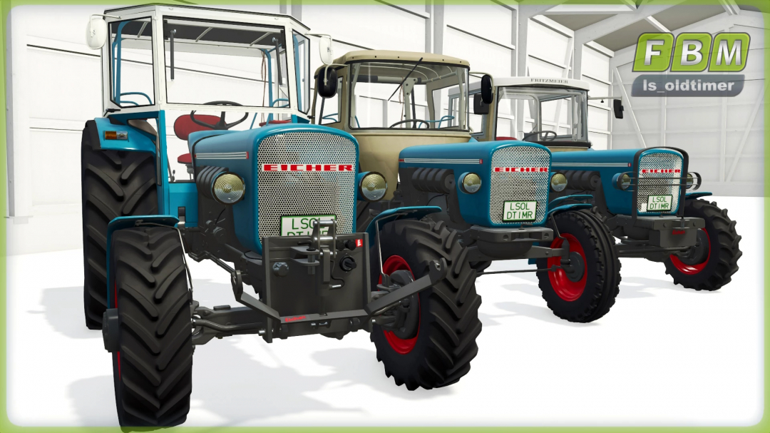 Three Eicher 3015 Königstiger II tractors in a garage, showcased in FS25 mods.