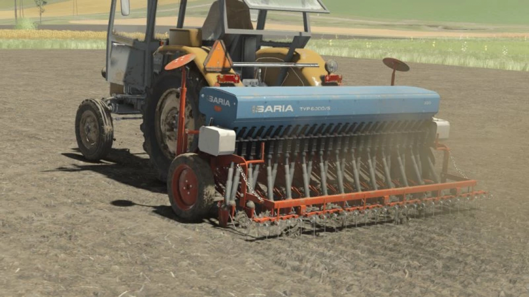 FS25 Isaria 6000/S 3m mod being used in Farming Simulator 25, depicting a seeder attached to a tractor in a field.