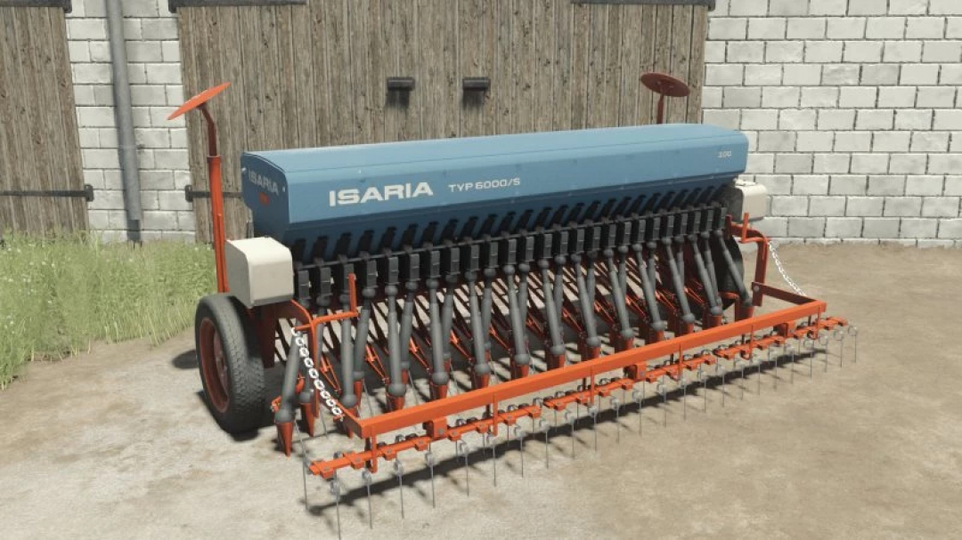 FS25 Isaria 6000/S 3m v1.0.0.0 mod, a detailed seed drill with blue and red components in Farming Simulator 25.