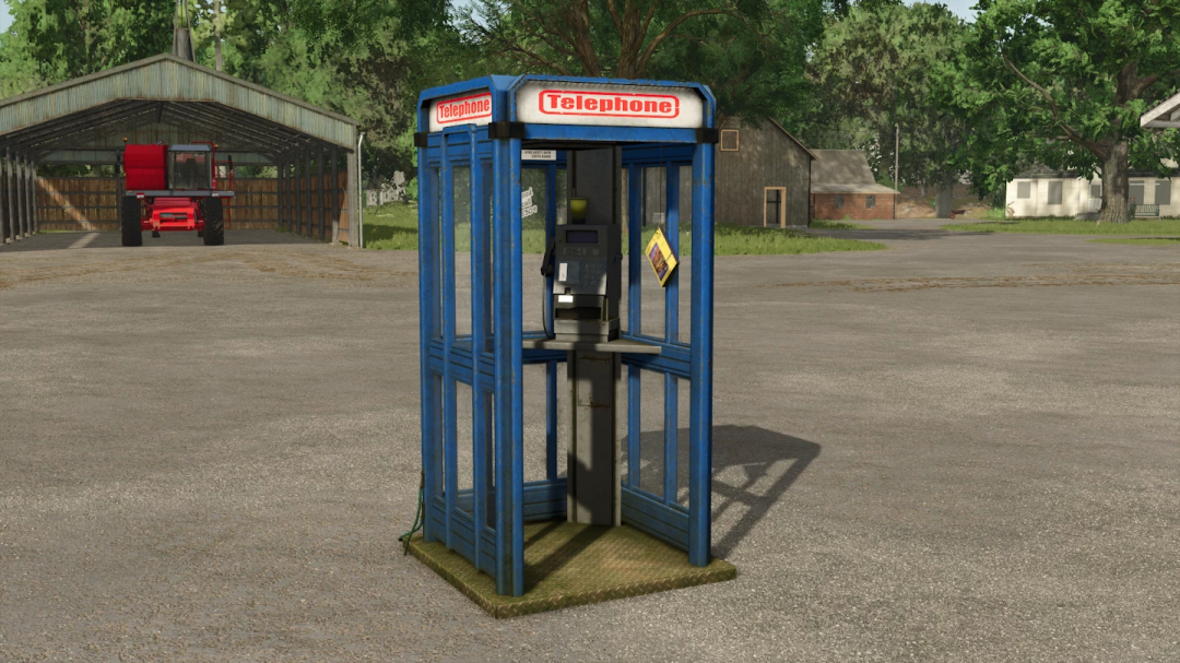 FS25 Matrix Teleporter mod v1.0.0.0 for Farming Simulator 25 showing a blue phone booth in a farmyard.