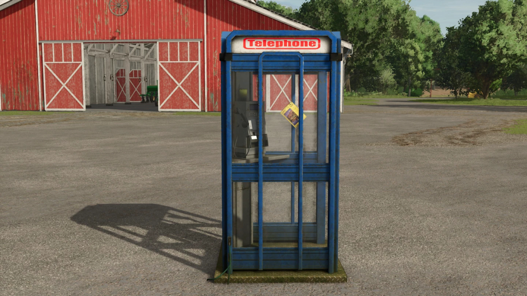 FS25 Matrix Teleporter mod showing a blue telephone booth in front of a red barn for Farming Simulator 25.