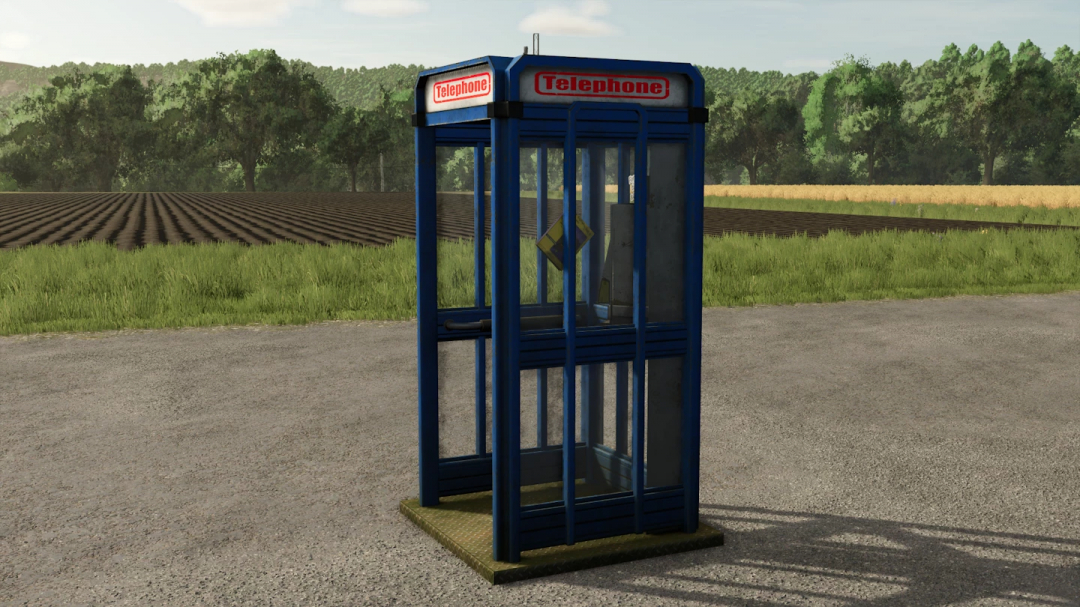 FS25 Matrix Teleporter mod featuring a blue telephone booth in a Farming Simulator 25 landscape.