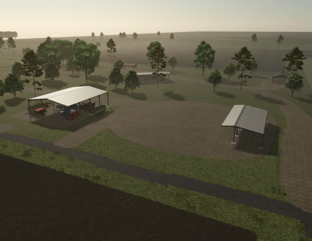 Aerial view of FS25 Silent Hill mod showing farm buildings and equipment in Farming Simulator 25.