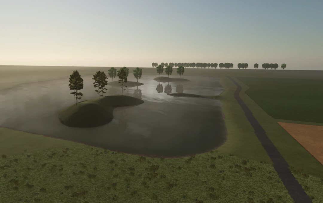 FS25 Silent Hill mod showcasing a serene landscape with small islands and trees in a misty pond.