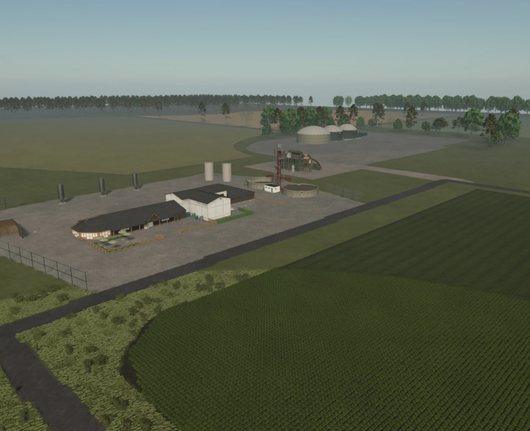 Aerial view of FS25 Silent Hill mod farm landscape, featuring fields, farm buildings, and silos. FS25 mods enhance Farming Simulator 25 gameplay.