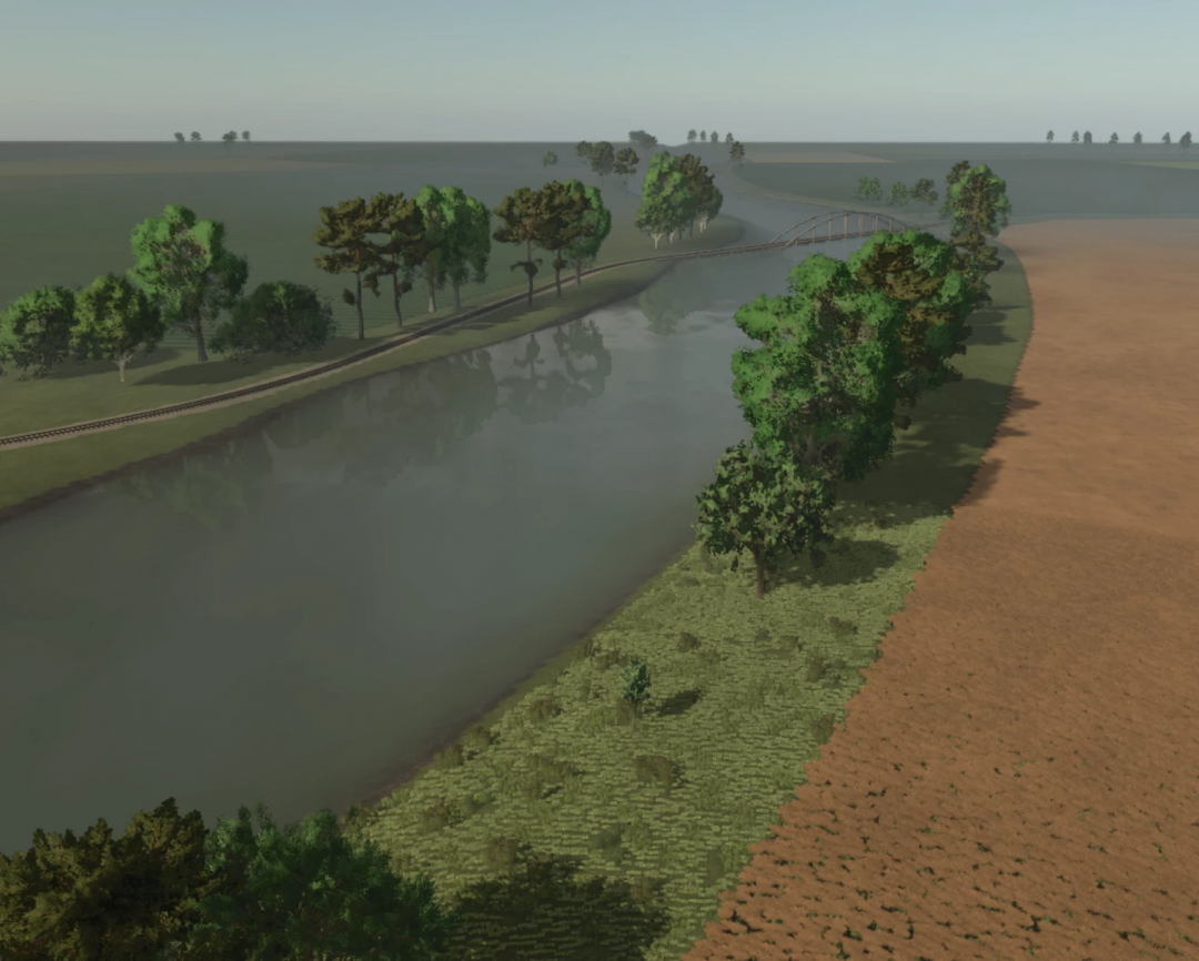 FS25 Silent Hill mod features a serene river landscape with trees and a bridge in Farming Simulator 25.