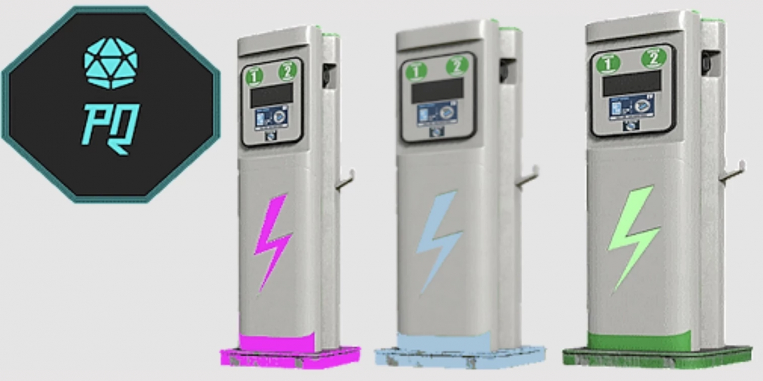 FS25 mod Fast and Super Charging Station v1.0.0.0 featuring three charging stations with colorful lightning bolt designs.