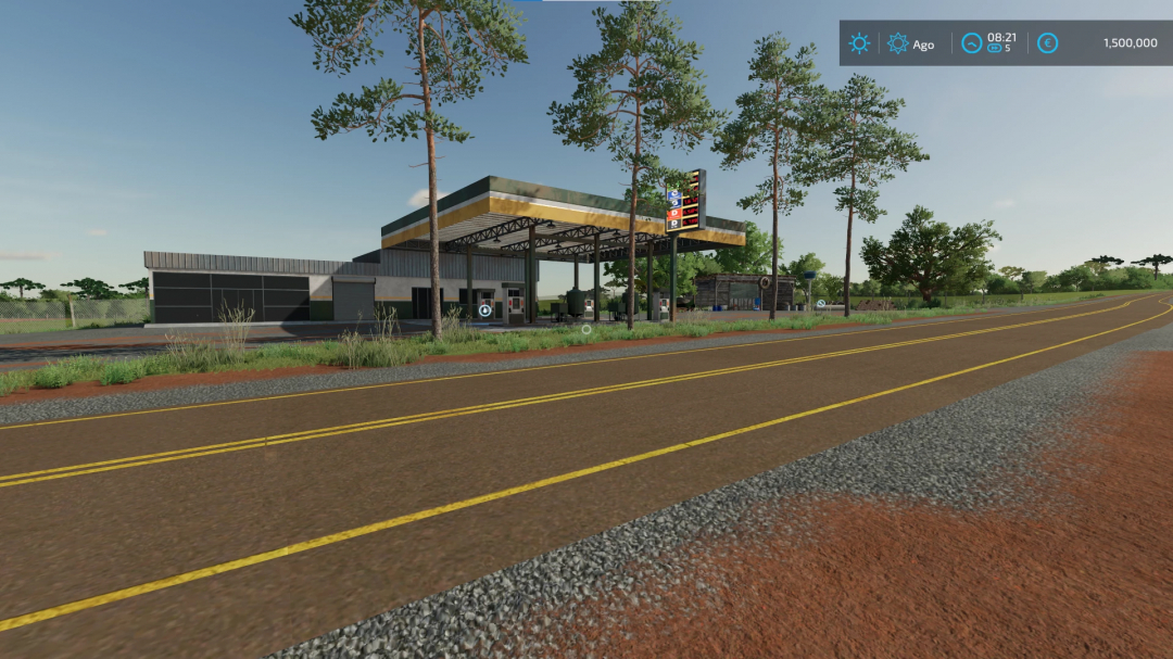 Gas station on the Fazenda Ourinhos Map in FS22 mods with surrounding trees and road.