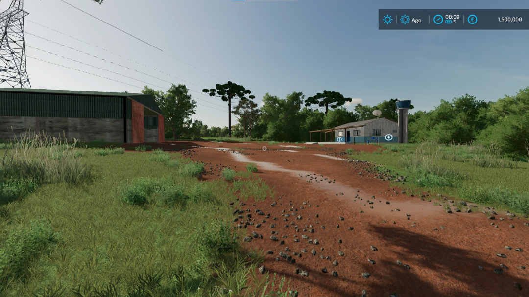 Farming Simulator 22 mod Fazenda Ourinhos Map showing a rural landscape with buildings and trees.