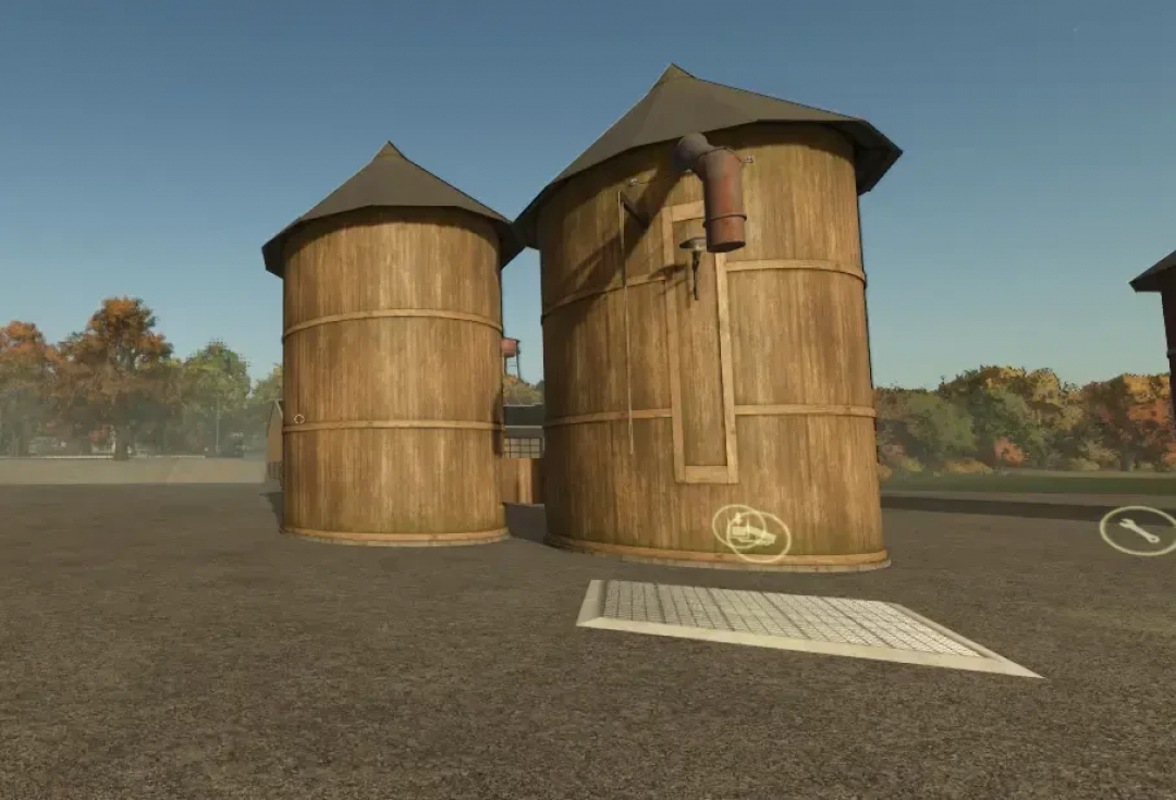 Fermenter mod for Farming Simulator 25 with wooden silos in a rural setting.