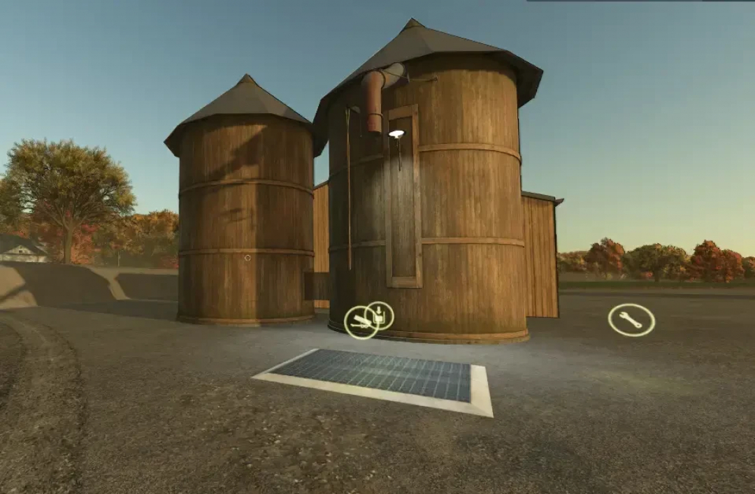 FS25 mod Fermenter v1.0.0.0 showing two wooden silos in Farming Simulator 25.