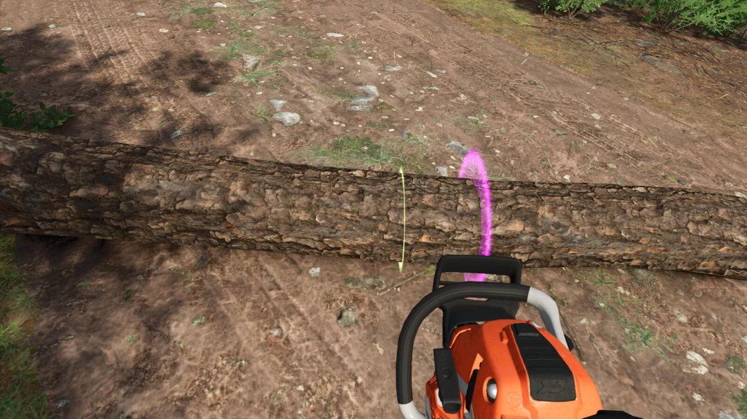 Forestry Helper mod in FS25 shows a chainsaw cutting a log with colored guide markings.