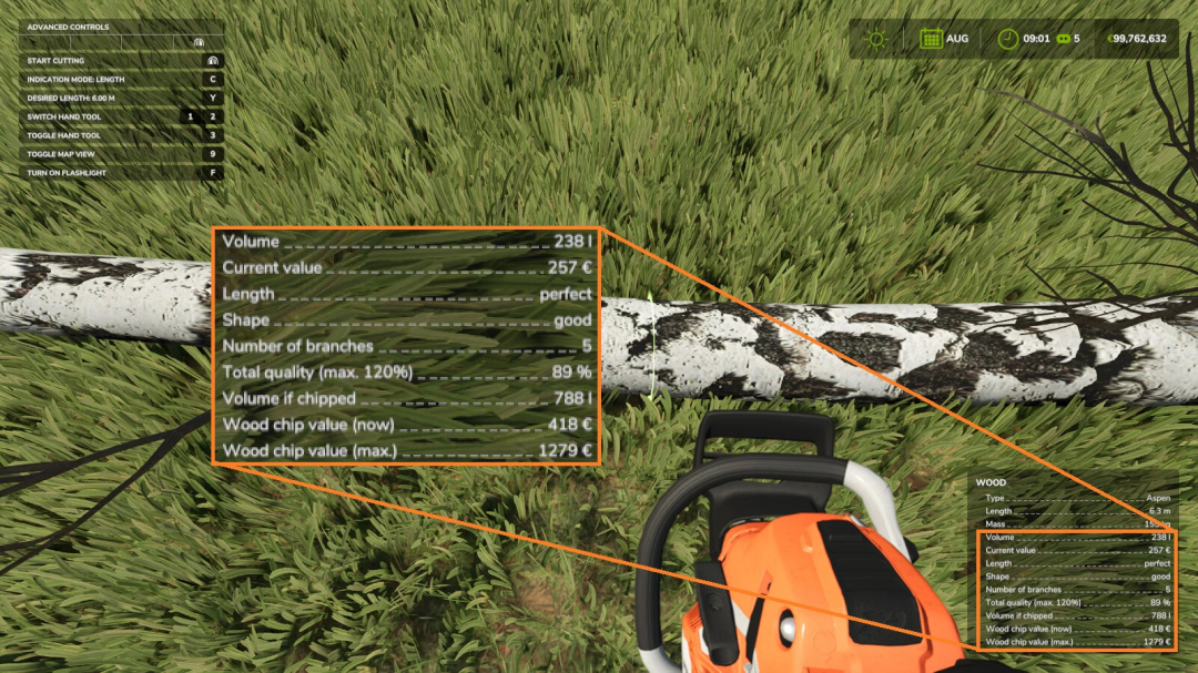 FS25 mod Forestry Helper showing detailed wood information overlay on a fallen tree.