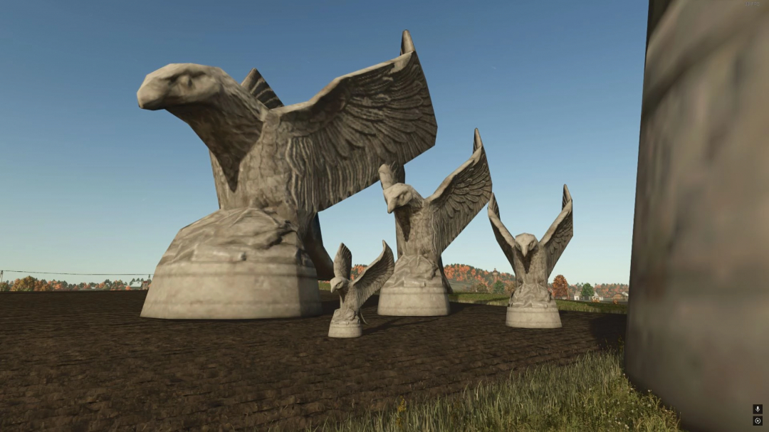 Eagle statues in Giants Eagle Pack mod for FS25 on a farm field background.