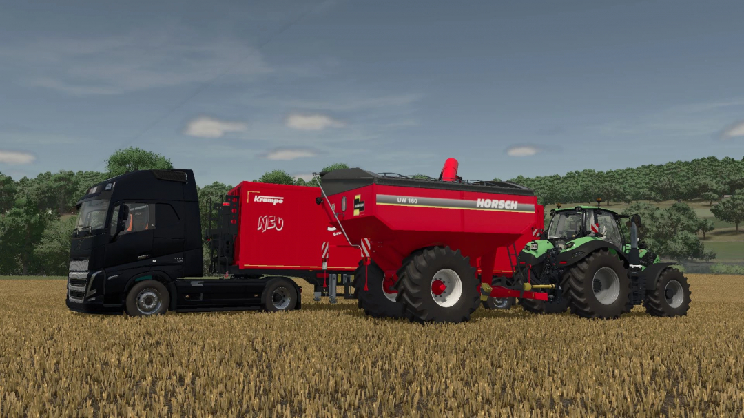 FS25 mod Horsch UW160 v1.0.0.0, featuring a tractor towing a red grain cart in a field setting.