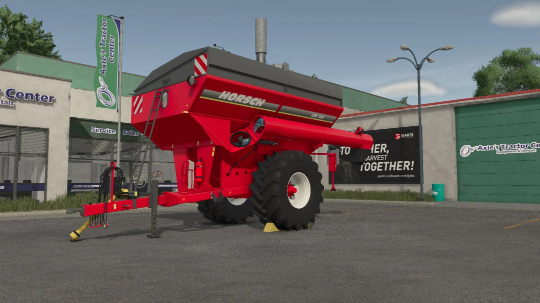 FS25 mods: Horsch UW160 trailer outside Axle's Tractor Center in Farming Simulator 25.