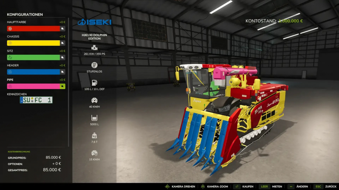 Colorful Iseki HJ6130 Dolphin Edition mod in FS25 game menu, showcasing customization options.