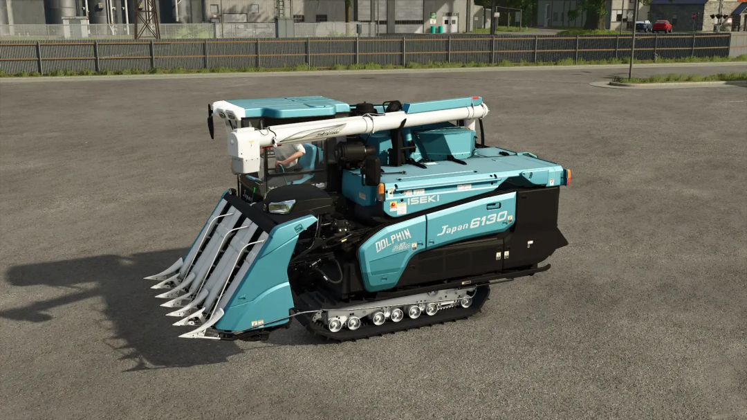 FS25 Iseki HJ6130 Dolphin Edition mod, a blue track-type tractor parked on asphalt in Farming Simulator 25.